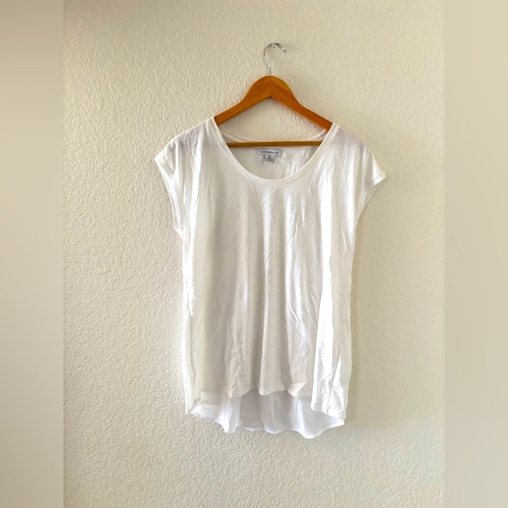 Liz Claiborne Cap Sleeve Top Medium White Mixed Media Tulip Crossover Back